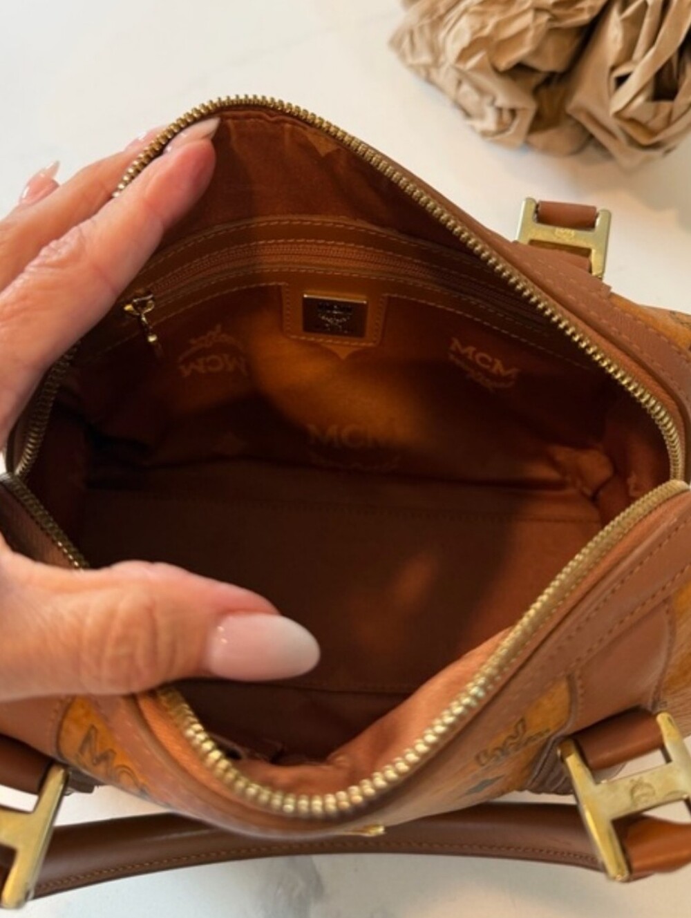 MCM Cognac Visetos Mini Boston Satchel with Gold Plaque - Picture 6 of 8